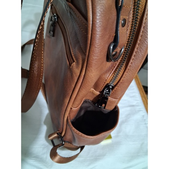 Fadeon Cognac Brown Vegan Leather Mini Backpack Woven Trim Boho main image 7